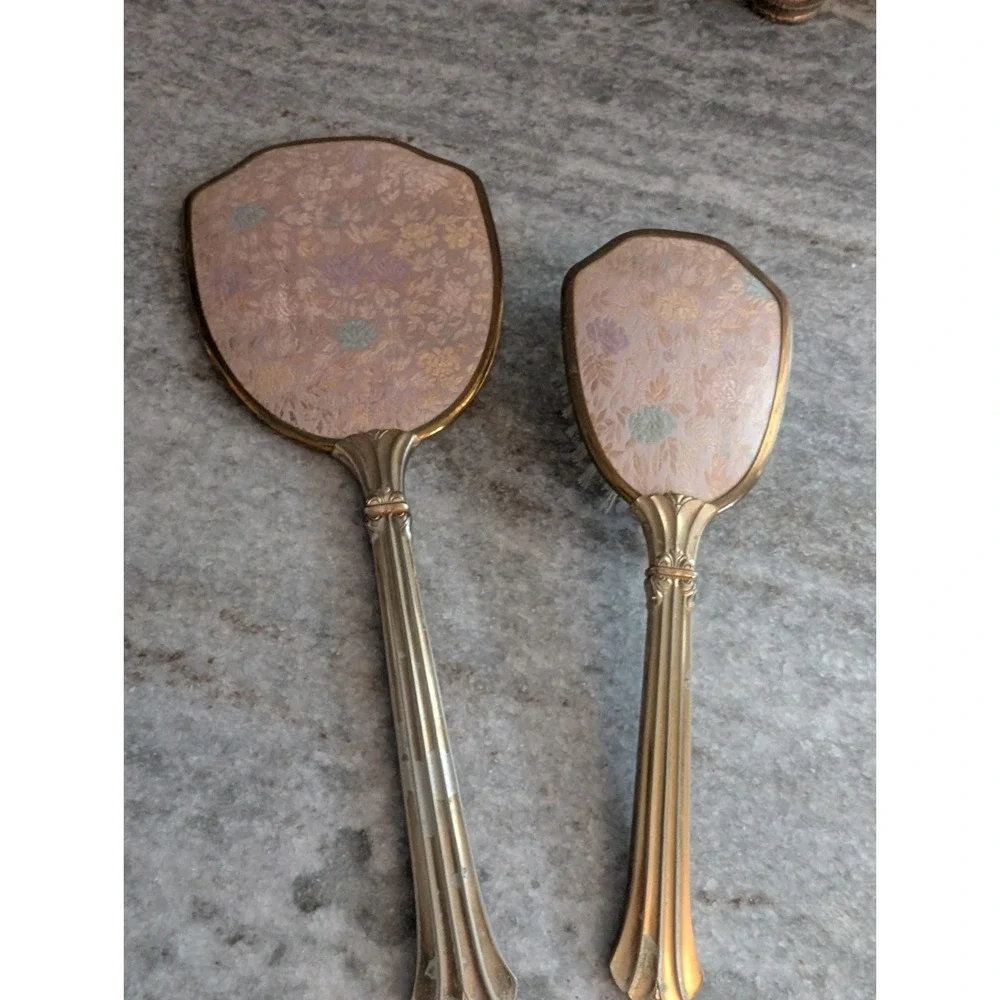 Vintage‎ Mirror and Brush Set Vanity Set Gold Tone Floral Design